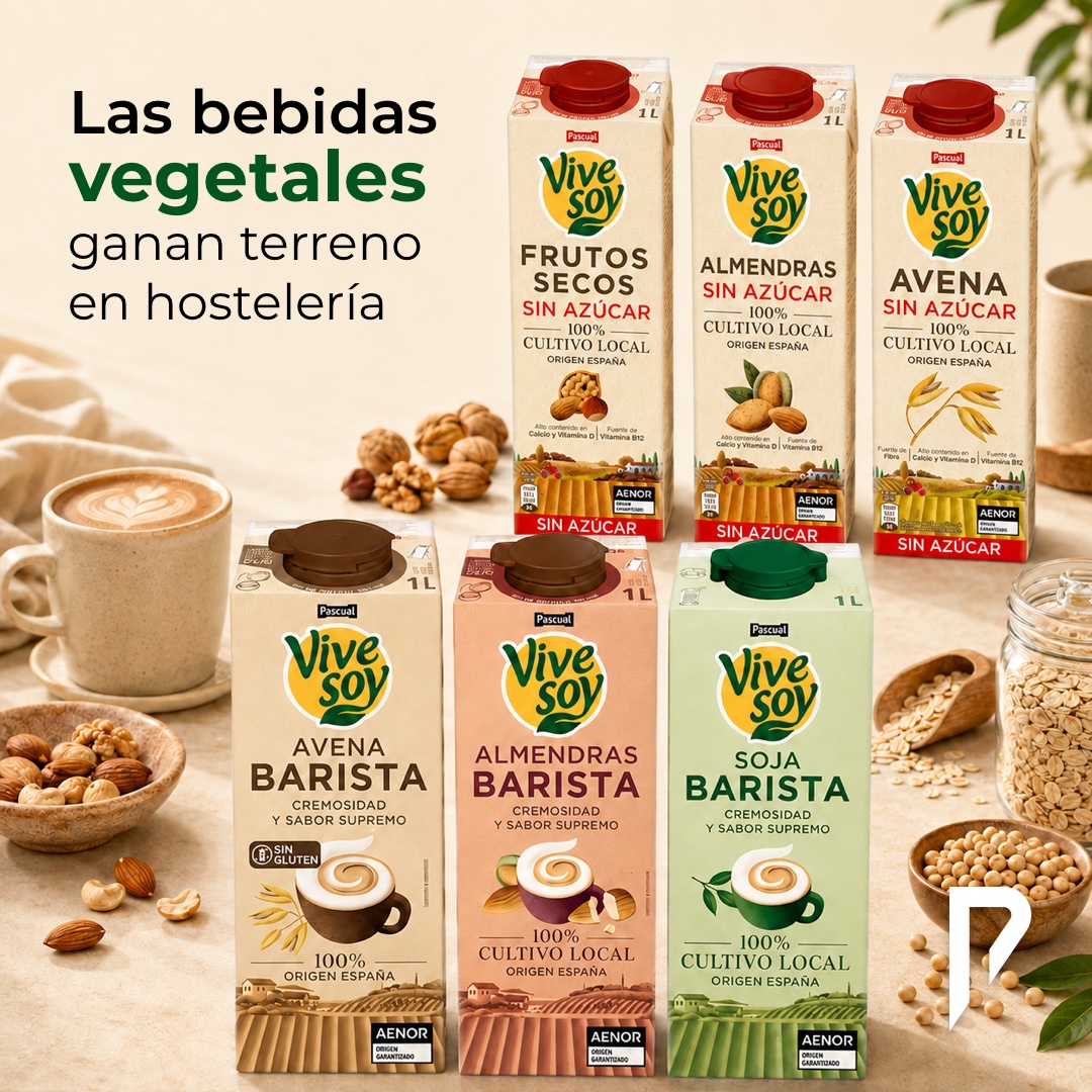 Gama de bebidas vegetales Vivesoy para alimentación y hostelería, con variedades de avena, almendra, soja y frutos secos.